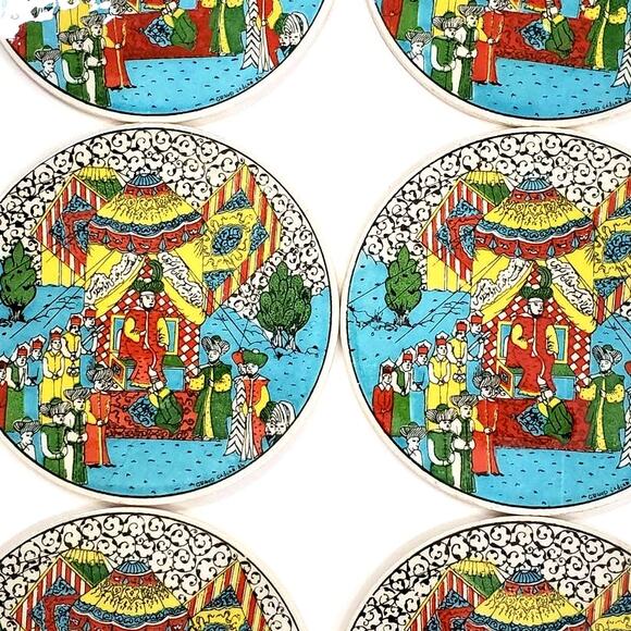 Vintage Set/6 Turkish Ceramic Tiles-Artist Signed Iznik Grand Caglar, 6.25 Round